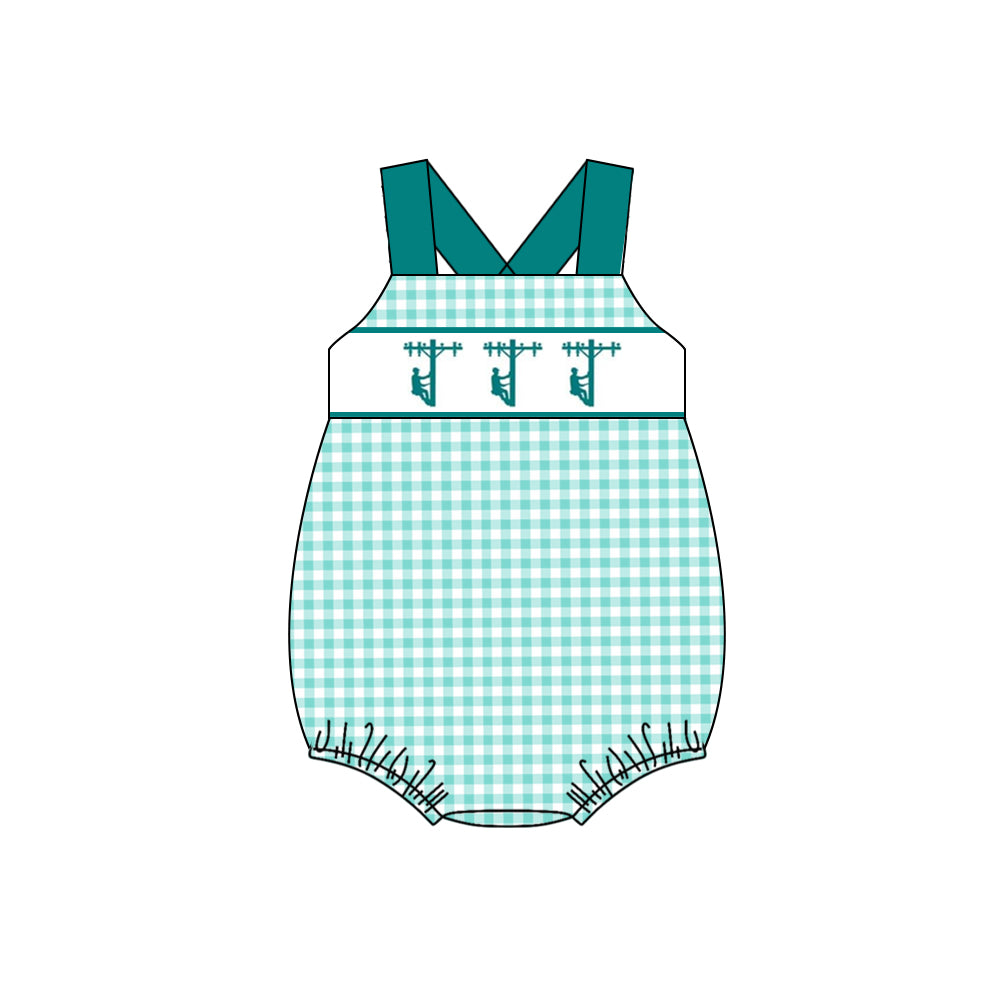 preorder SR1289 lineman blue checkered sleeveless boys romper