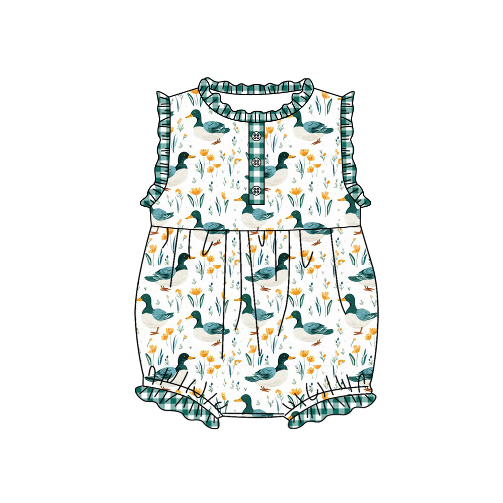 preorder SR1295 mallard duck green checkered sleeveless girls romper