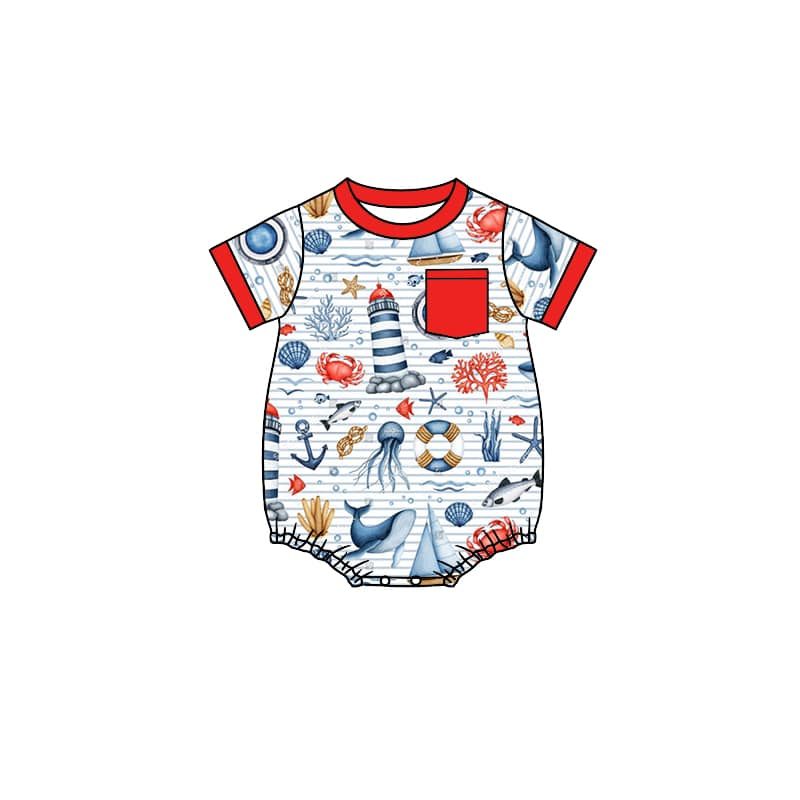 preorder SR1303 navigation sea whale pocket short sleeve boys romper