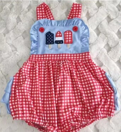 preorder SR1309 July 4th ice blue red checkered sleeveless girls romper