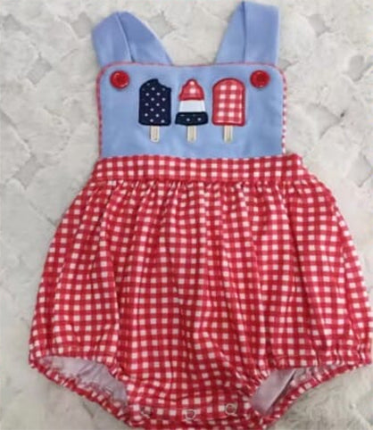 preorder SR1310 July 4th ice blue red checkered sleeveless boys romper