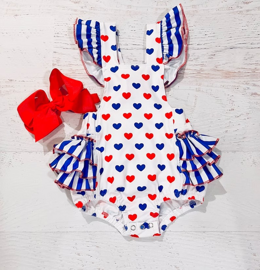 preorder SR1319 July 4th red blue heart flutter sleeve girls romper