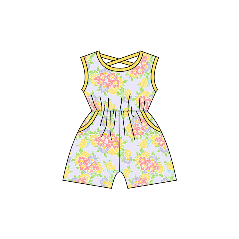 preorder SR1320 colorful flowers yellow sleeveless girls jumpsuits