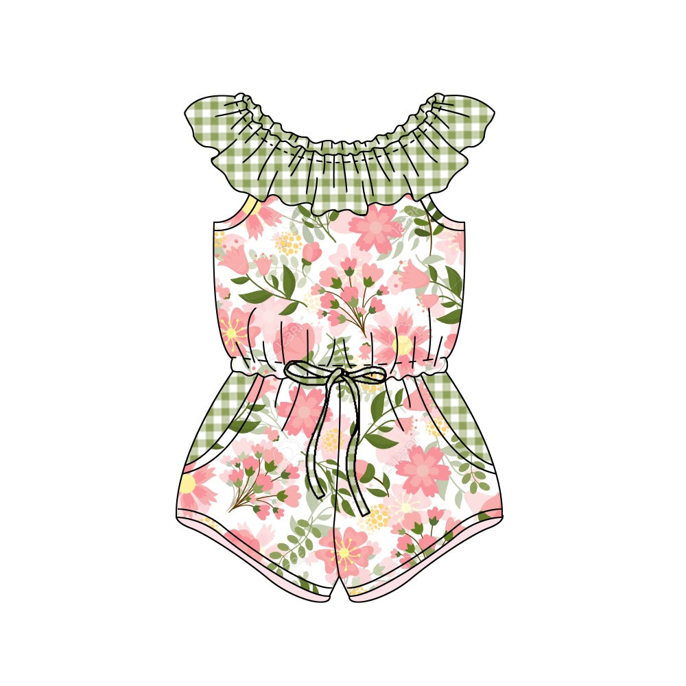 preorder SR1328 pink flowers green checkered girls jumpsuits