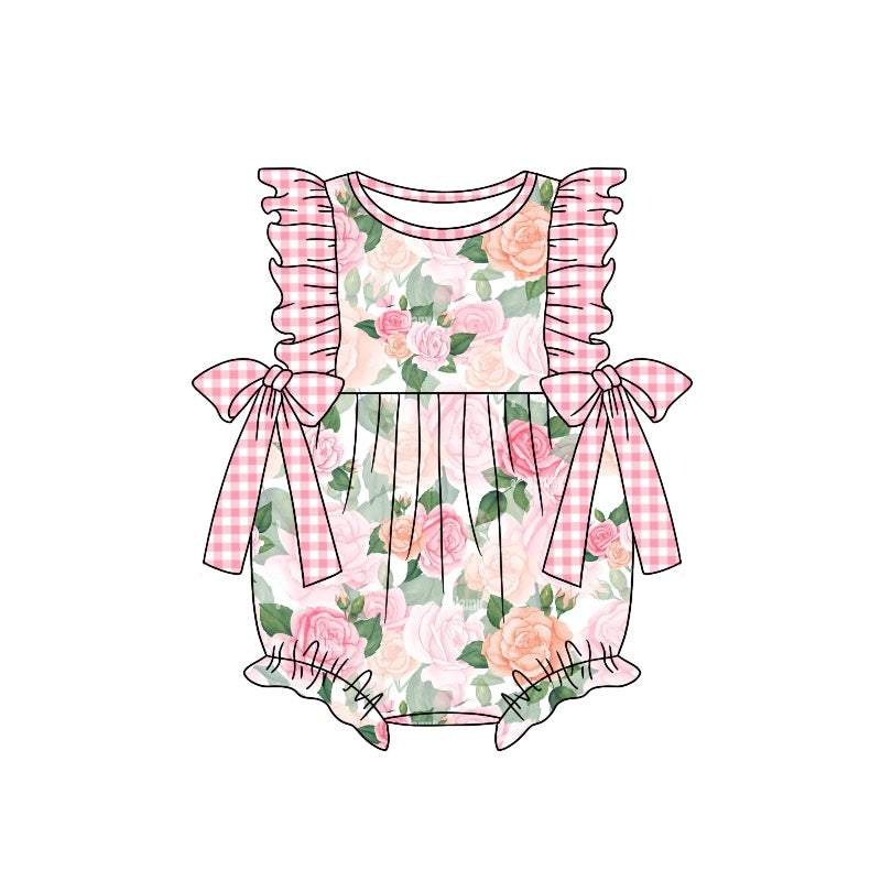 preorder SR1332 multi colorful flowers pink checkered ruffles girls romper
