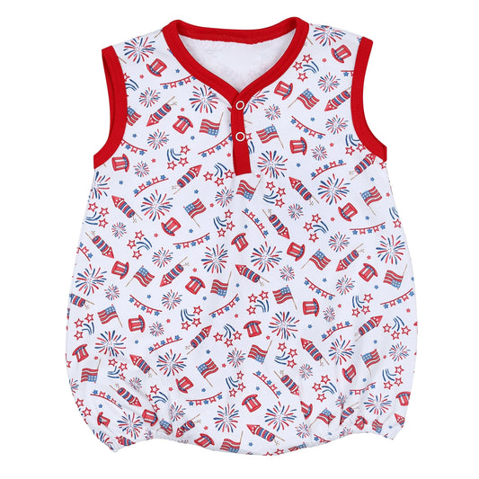 preorder SR1340 July 4th flag hat fireworks red sleeveless boys romper