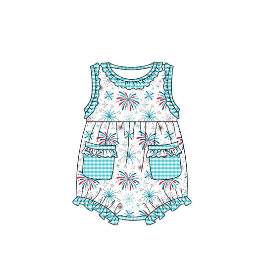 preorder SR1354 July 4th blue checkered pocket firework sleeveless girls romper