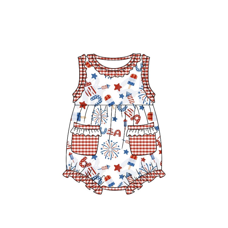 preorder SR1365 July 4th USA fireworks red checkered sleeveless girls romper