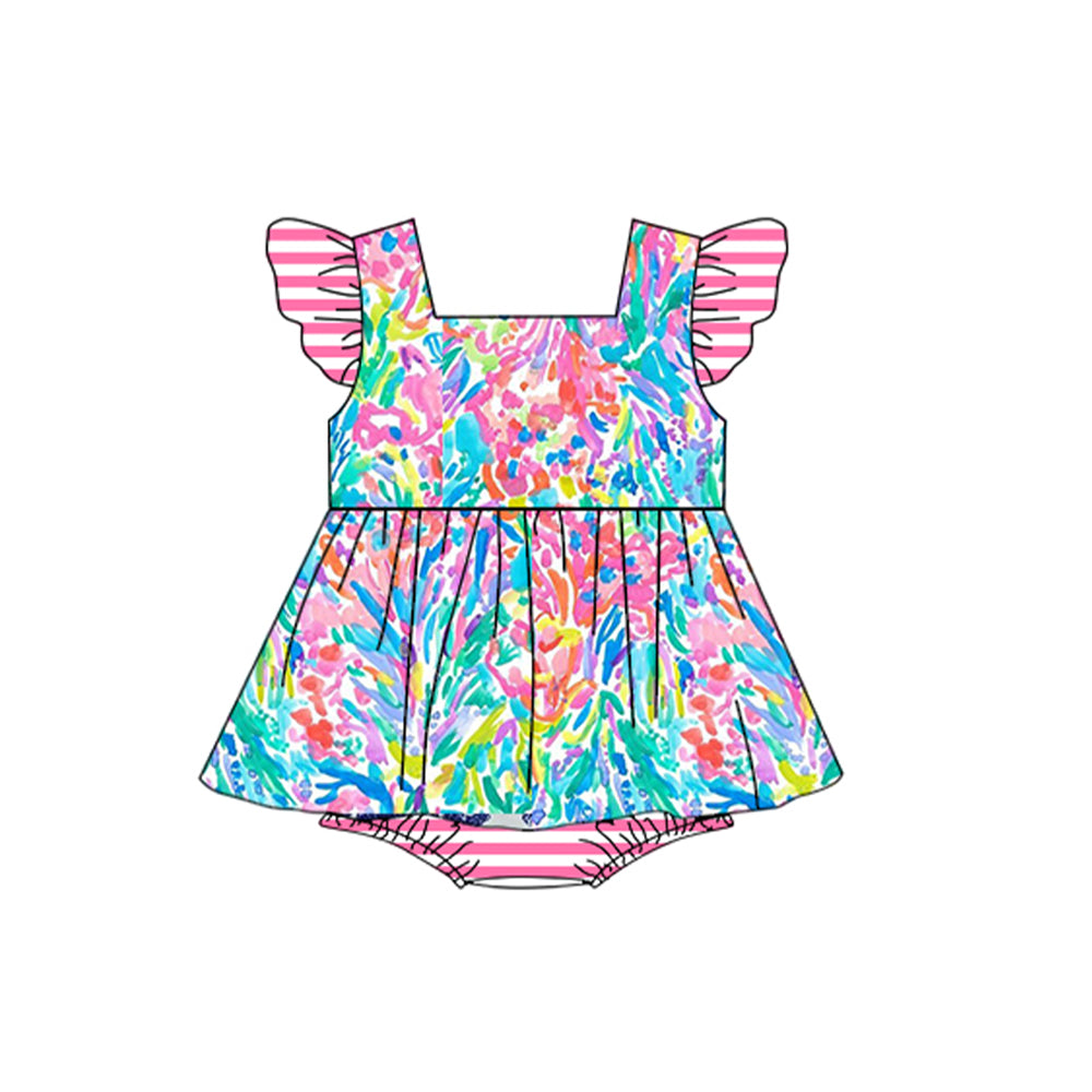 preorder SR1370 multi color print pink flutter sleeve girls romper