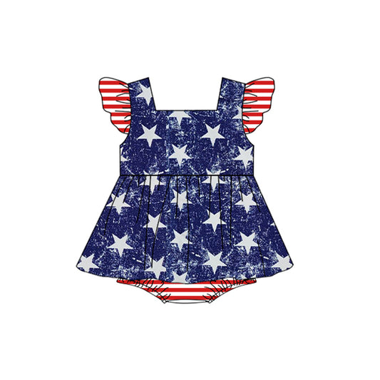 preorder SR1373 July 4th blue star red striped flutter sleeve girls romper