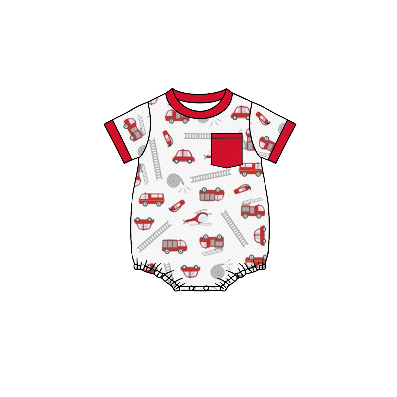 preorder SR1378 firetruck red pocket short sleeve boys romper