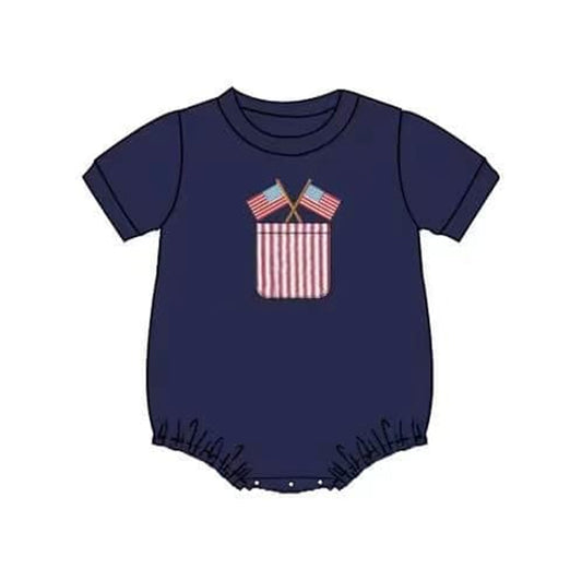 preorder SR1386 July 4th flag striped pocket navy short sleeve boys romper