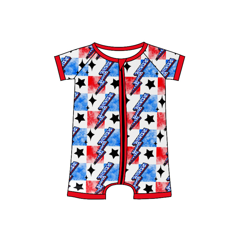 preorder SR1387 July 4th lightning red blue checkered short sleeve zipper boys romper