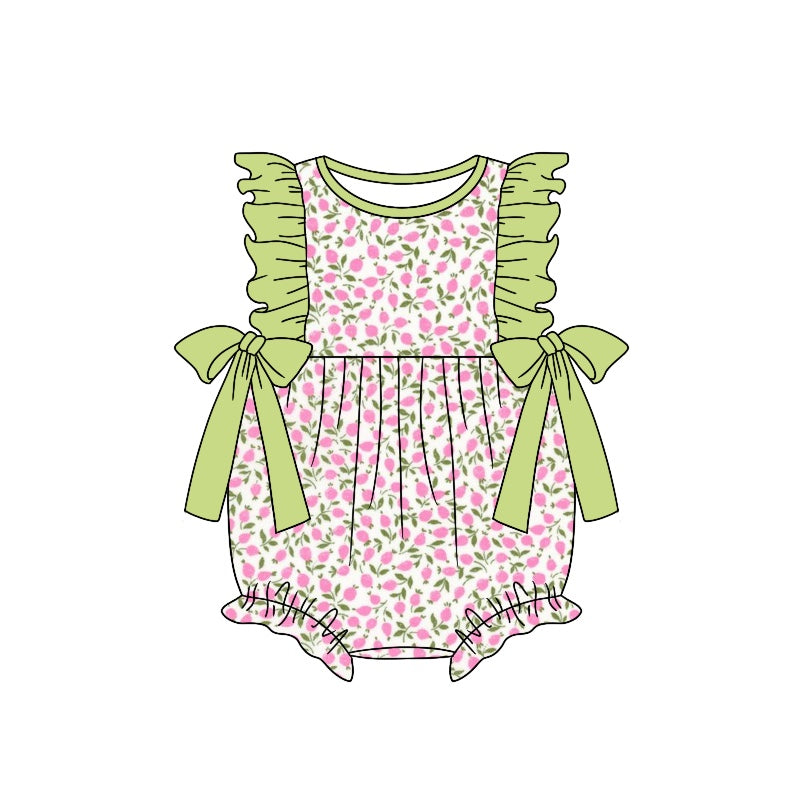 preorder SR1395 little beautiful pink flowers green ruffles flutter sleeve girls romper