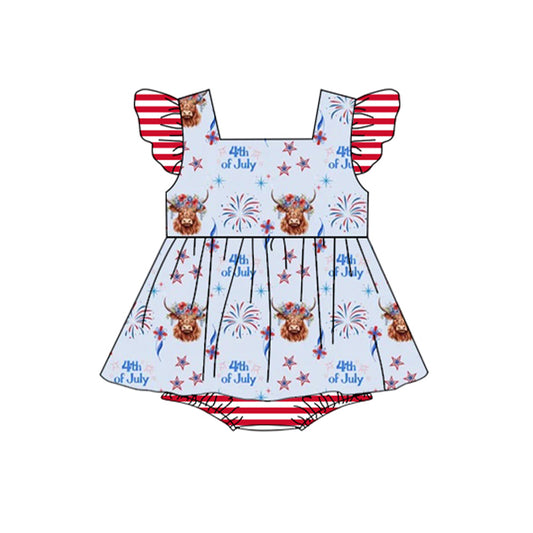 preorder SR1401 July 4th lightning highland cow flutter sleeve girls romper