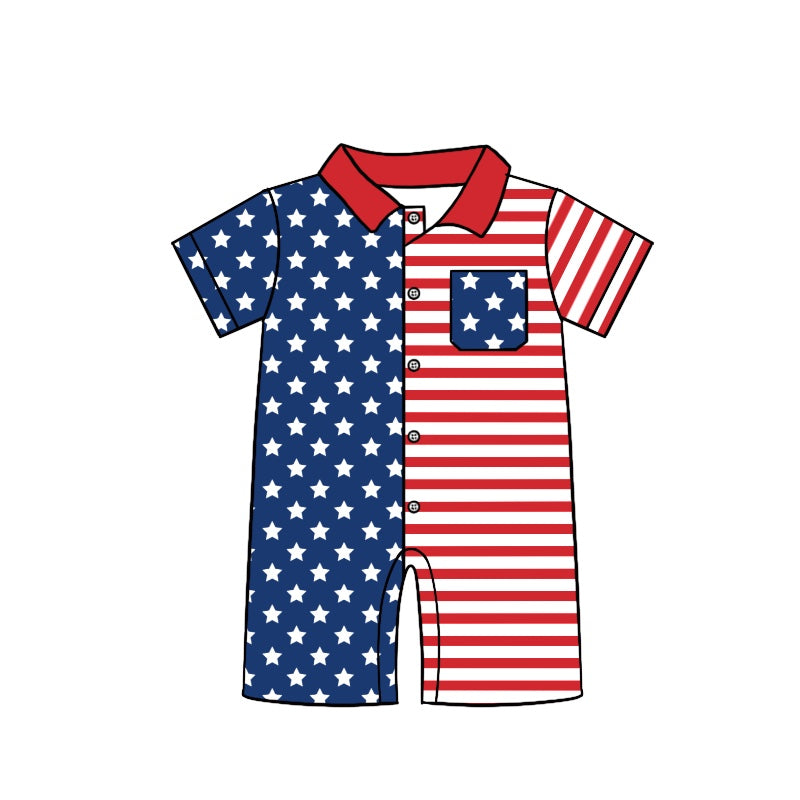 preorder SR1445 July 4th star red striped pocket short sleeve boys romper