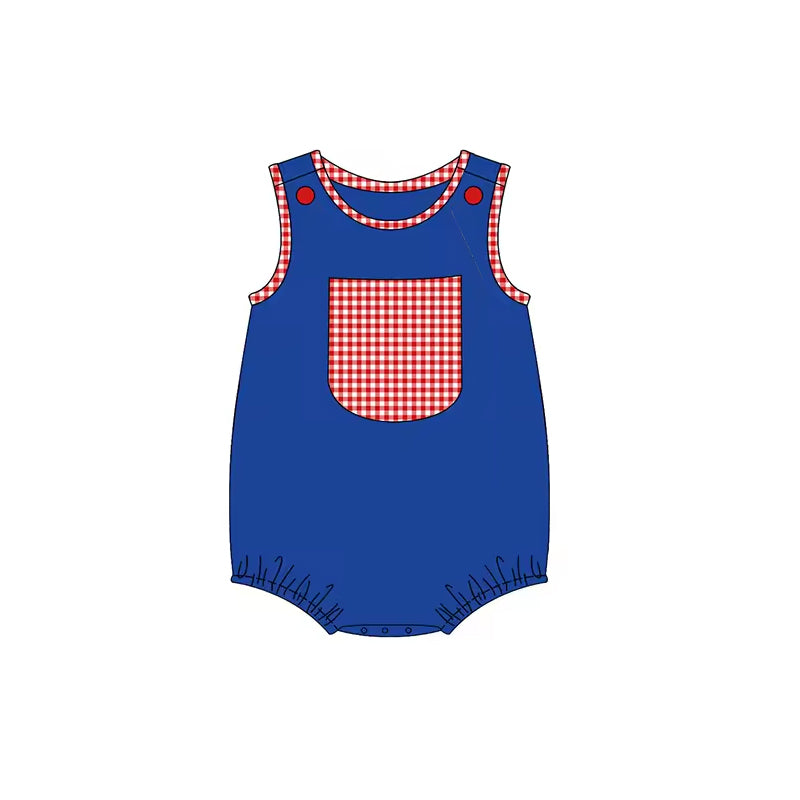 preorder SR1463 July 4th red checkered pocket blue sleeveless boys romper