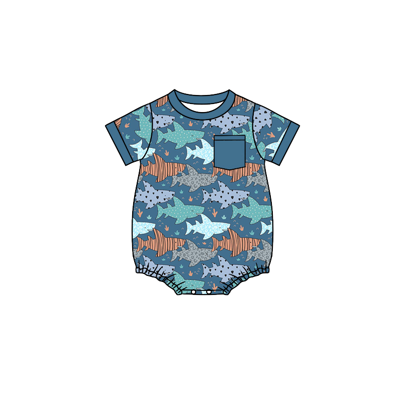 preorder SR1486 cartoon cute shark pocket blue short sleeve boys romper