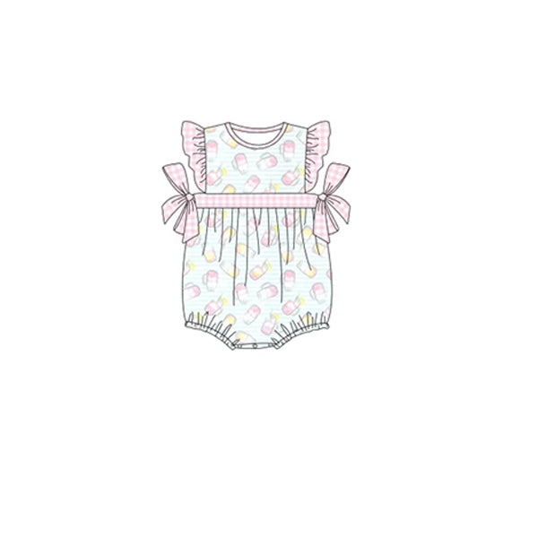 preorder SR1490 cartoon cup lemon water pink checkered flutter sleeve girls romper