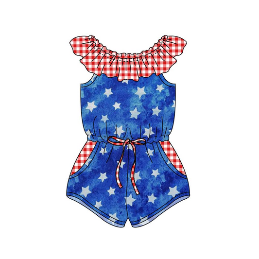 preorder SR1506 July 4th star blue red checkered flutter sleeve girls jumpsuits