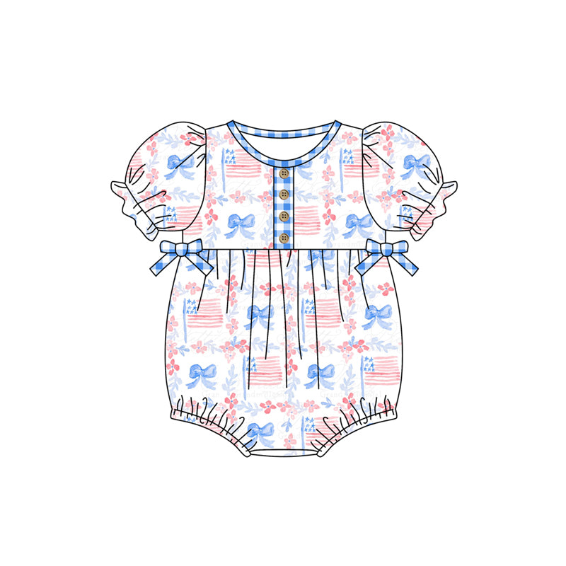 preorder SR1538 July 4th flag bow short sleeve girls romper