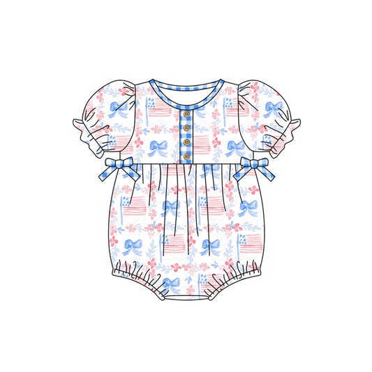 preorder SR1538 July 4th flag bow short sleeve girls romper