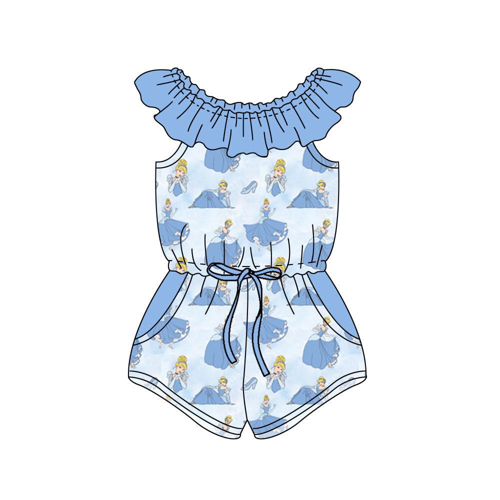 preorder SR1540 cartoon blue princess pockets flutter sleeve girls jumpsuits