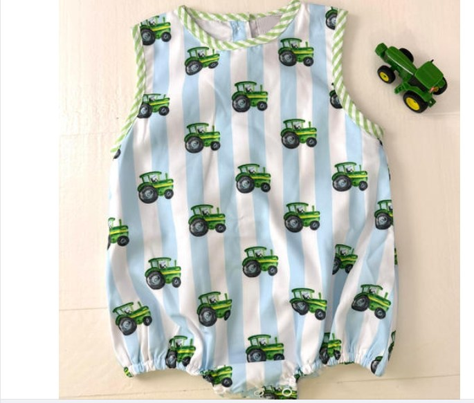 preorder SR1544 Farm blue striped tractor green sleeveless boys romper