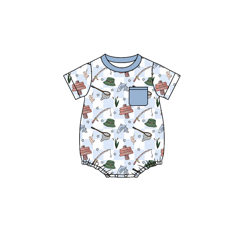 preorder SR1546 fishing blue pocket short sleeve boys romper