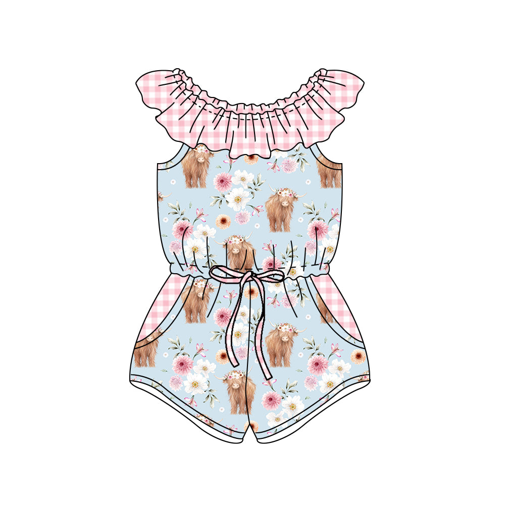 preorder SR1552 highland cow flowers pink checkered girls jumpsuits