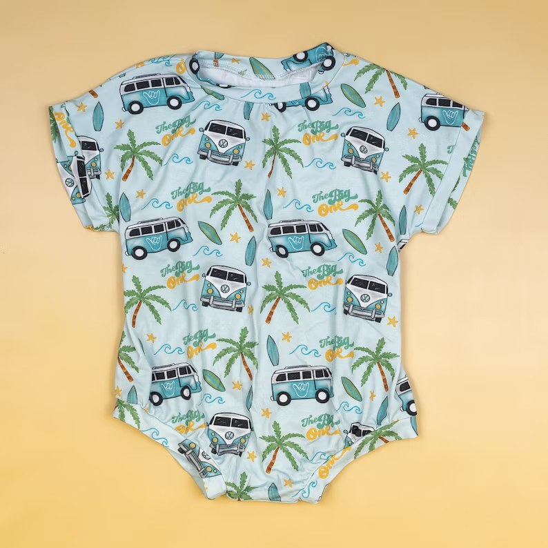 preorder SR1562 camp bus coconut tree short sleeve boys romper