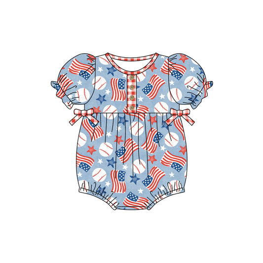 preorder SR1564 July 4th flag baseball star red short sleeve girls romper