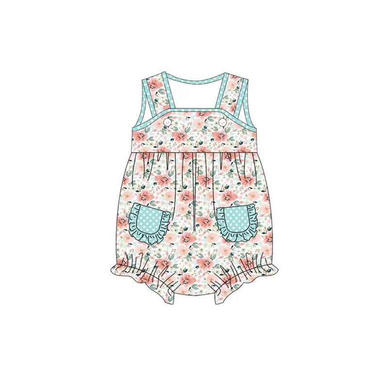 preorder SR1566 pink flowers sky blue pockets sleeveless girls romper