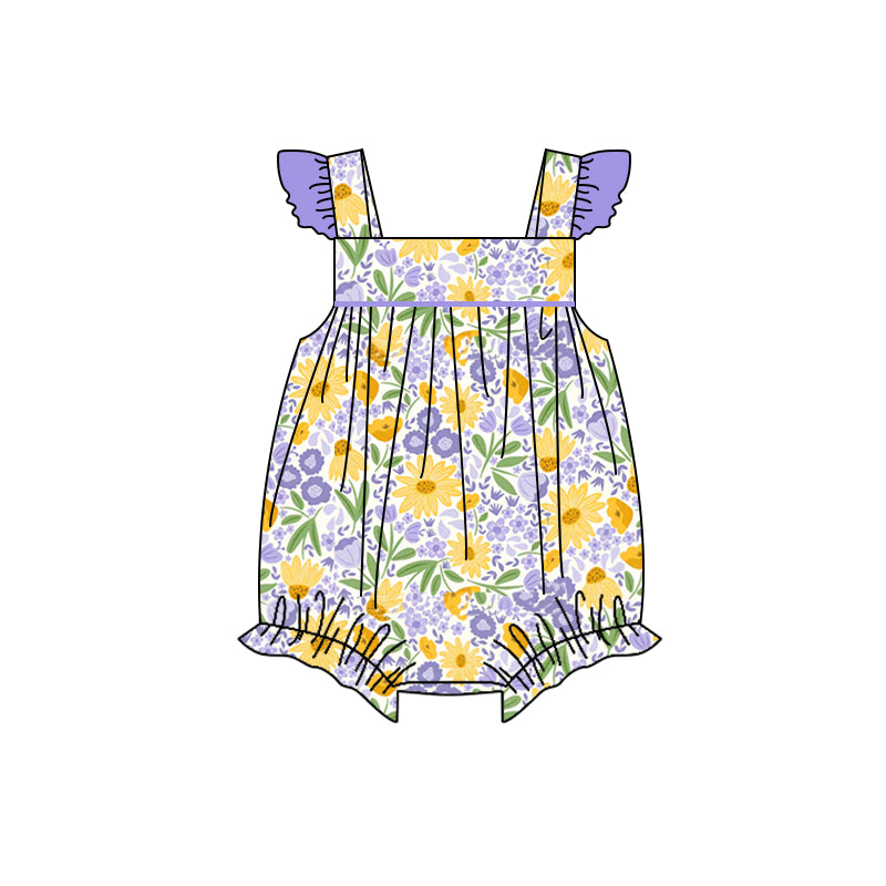 preorder SR1567 yellow flowers purple floral flutter sleeve girls romper