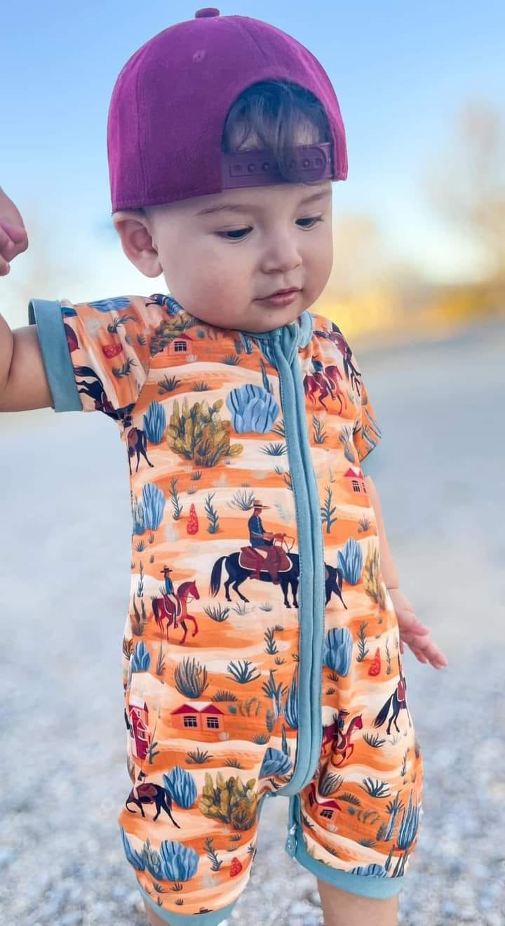 preorder SR1579 Western rodeo cactus short sleeve zipper boys romper