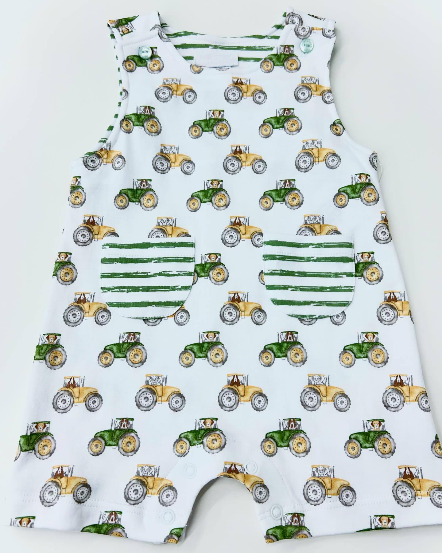 preorder SR1586 farm tractor pockets green striped sleeveless boys romper