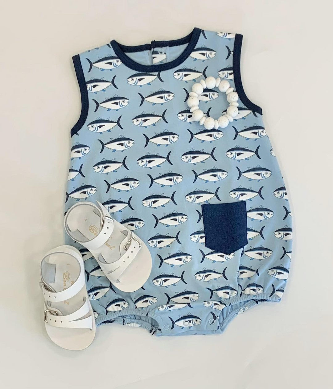 preorder SR1606 cute fish blue pocket sleeveless boys romper