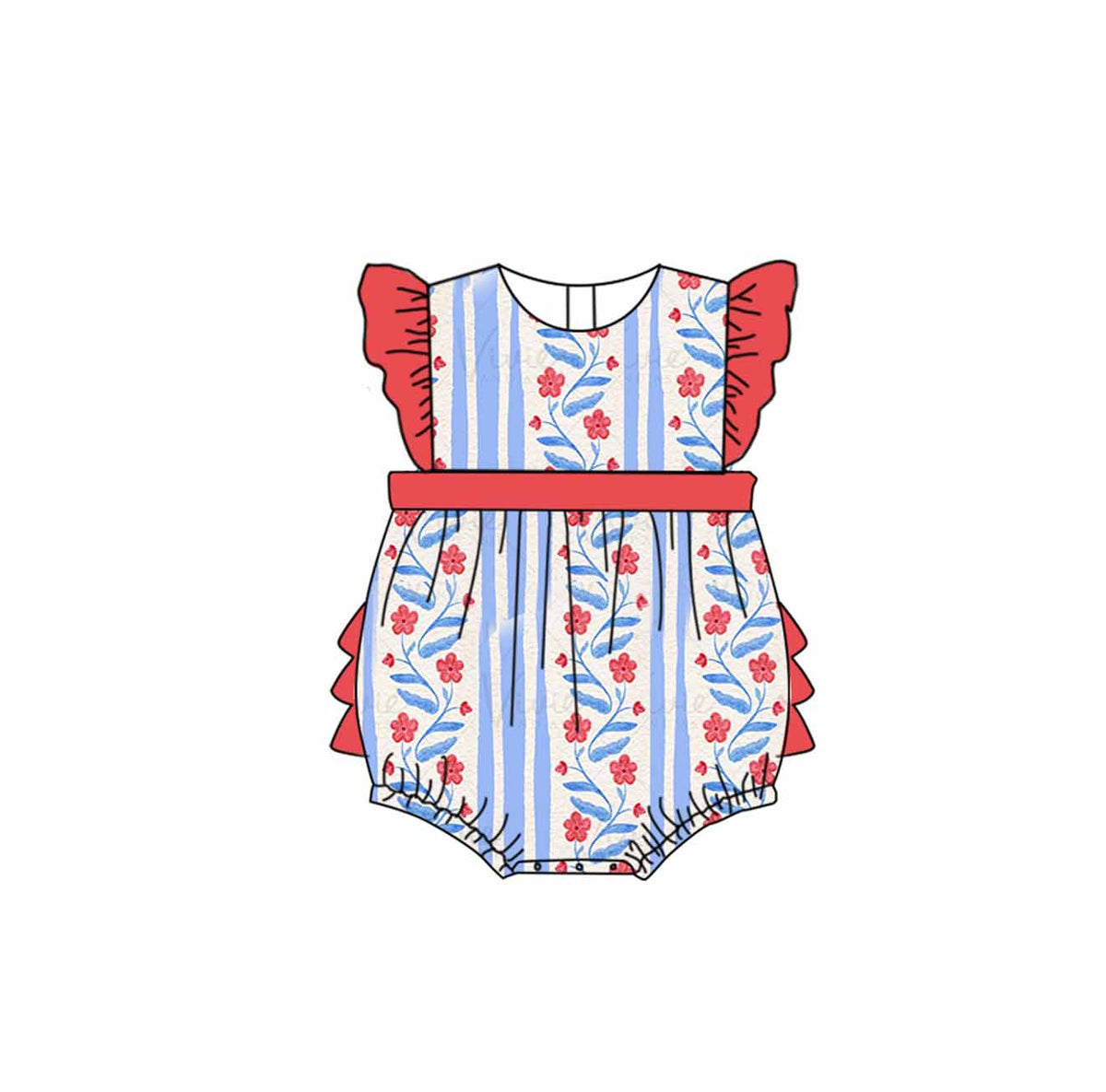 preorder SR1618 red flowers blue striped flutter sleeve girls romper