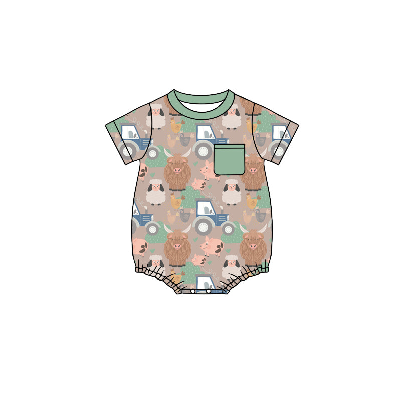 preorder SR1622 farm tractor highland cow animals pocket short sleeve boys romper