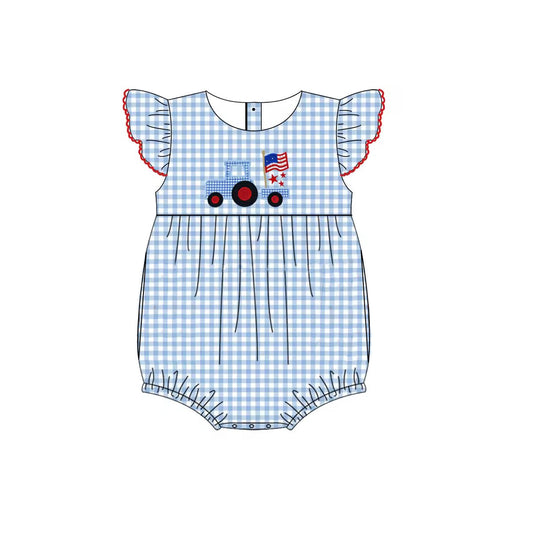 preorder SR1644 July 4th trunk flag blue checkered flutter sleeve girls romper