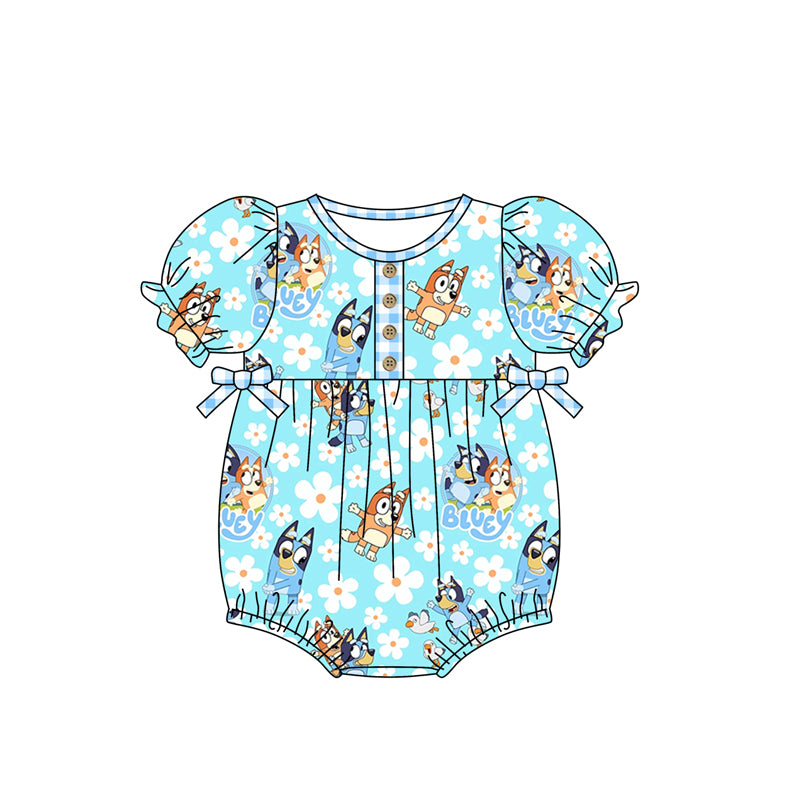 preorder SR1647 cartoon blue dog flowers short sleeve girls romper