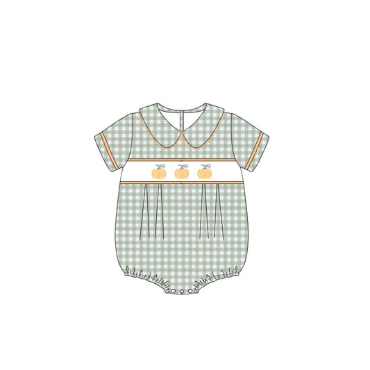 custom moq 3 Autumn pumpkin green checkered short sleeve boys romper