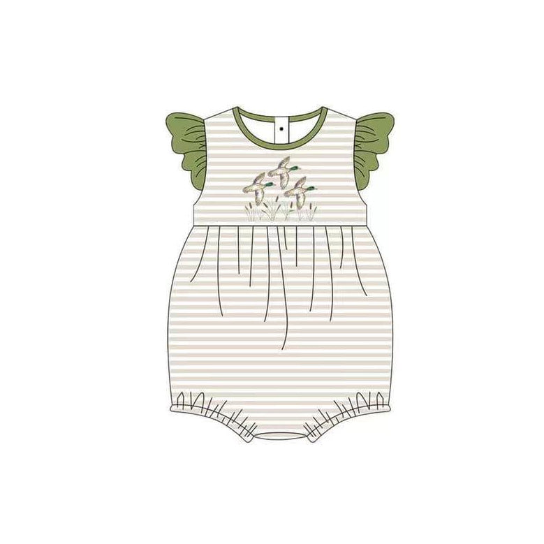 preorder SR1713 mallard duck khaki striped green flutter sleeve girls romper