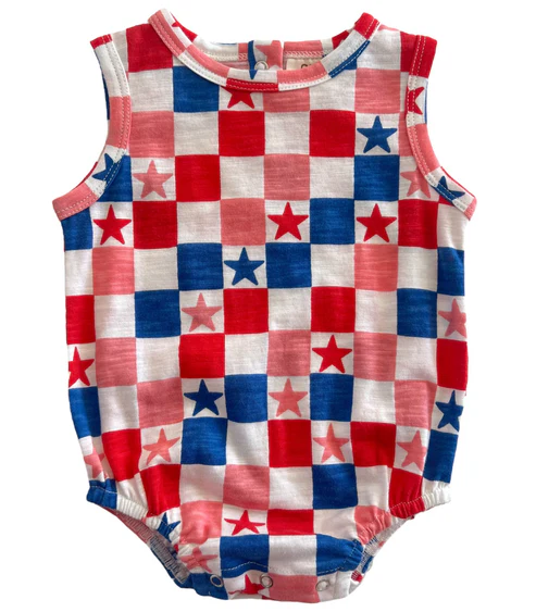 preorder SR1732 July 4th star red blue checkered sleeveless boys romper