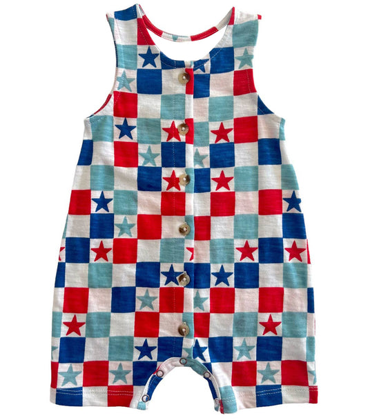 preorder SR1733 July 4th star red blue checkered sleeveless boys romper