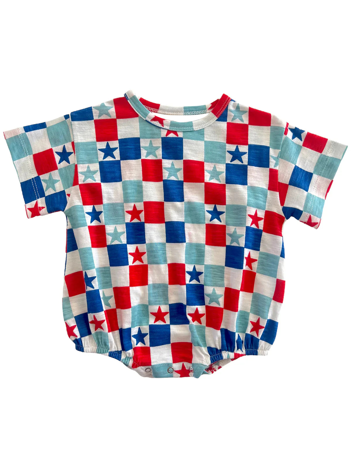 preorder SR1735 July 4th star red blue checkered short sleeve girls romper