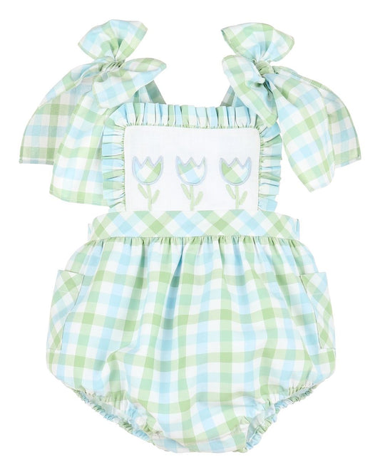 custom moq 3 blue green checkered flowers girls bows romper