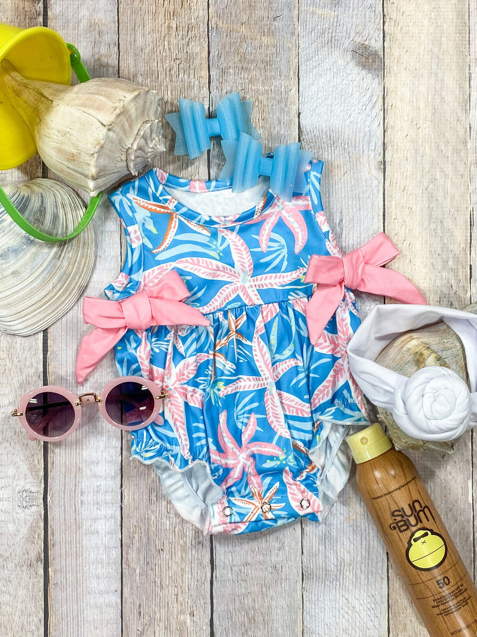preorder SR1757 Sea starfish flowers blue sleeveless girls romper