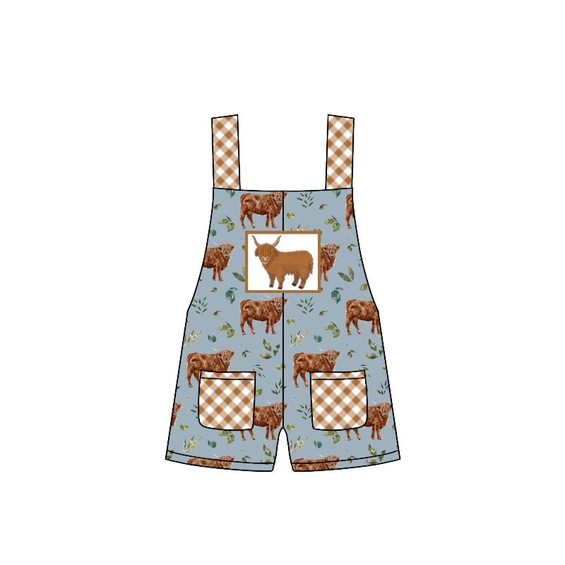 preorder SR1774 highland cow khaki checkered pockets sleeveless girls romper