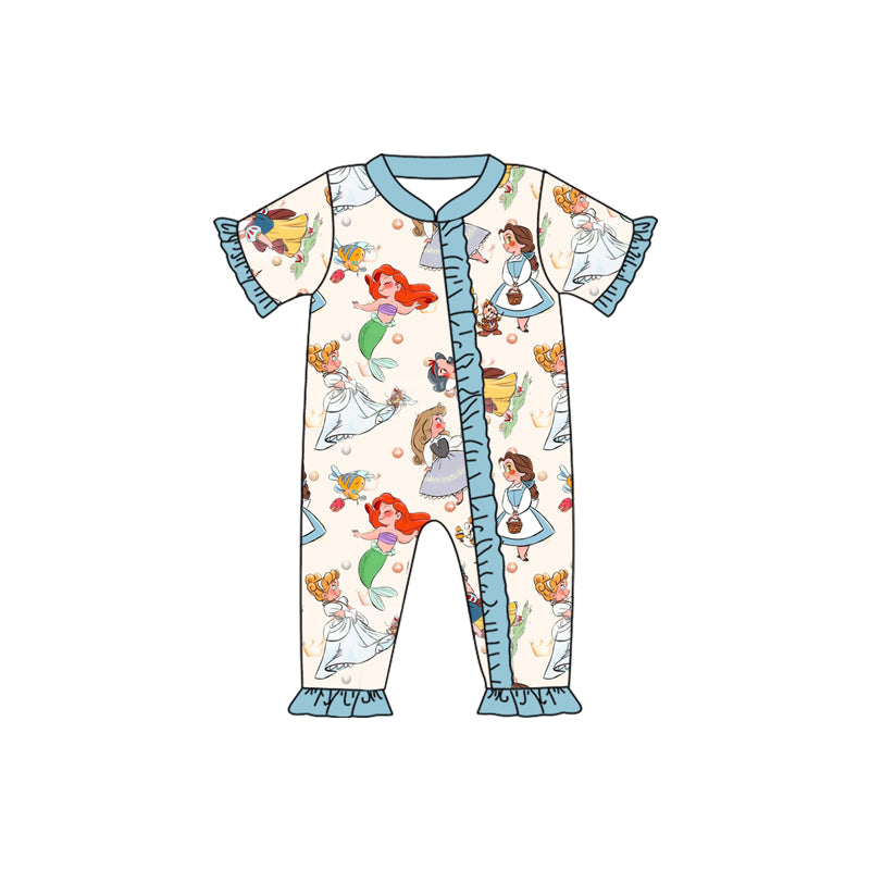 preorder SR1781 cartoon cute princess blue ruffles short sleeve girls zipper romper